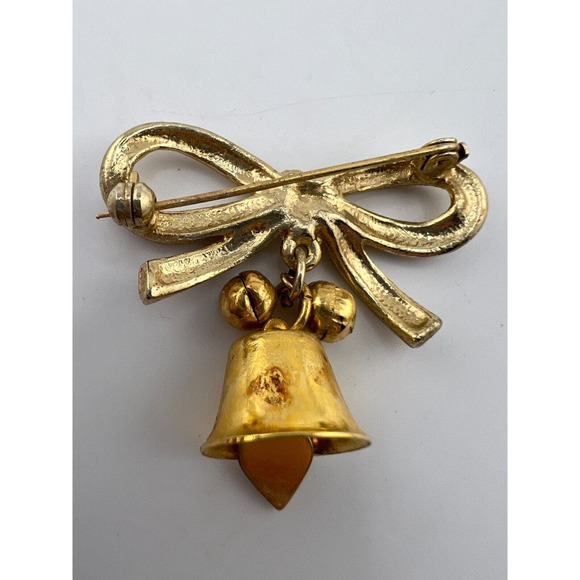Vintage Jingle Bell Bow Metal Enamel Christmas Brooch Pin - Picture 2 of 5